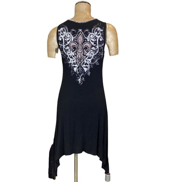 Vocal USA Sleeveless Graphic Beaded Dress Black Sharkbite Hem 262i - Picture 6 of 7